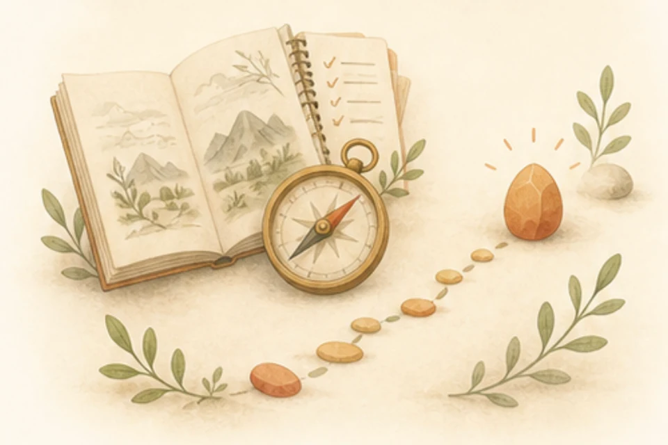 Open notebook, compass, and small path showing ideas to explore