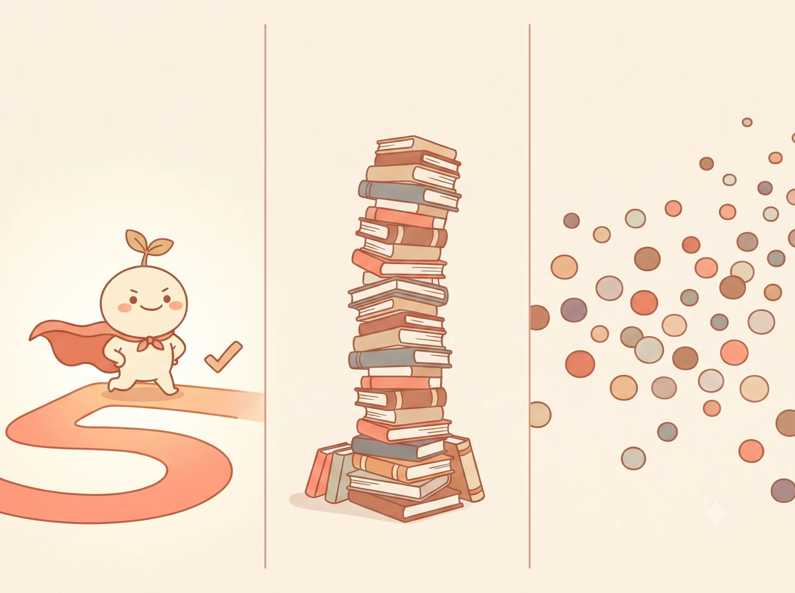 Three panels showing the Nuglet mascot finishing a short path, a tall stack of books, and a wide scatter of topic bubbles, illustrating three different approaches to a few minutes a day