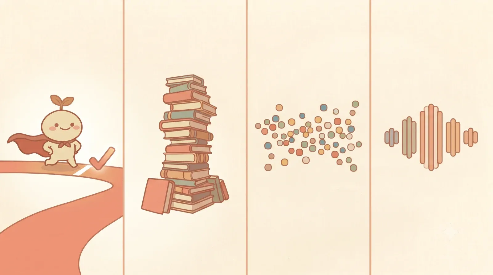Four panels showing the Nuglet mascot, a stack of books, a scatter of topic bubbles, and a soundwave, representing Nuglet, Blinkist, Nibble, and BeFreed