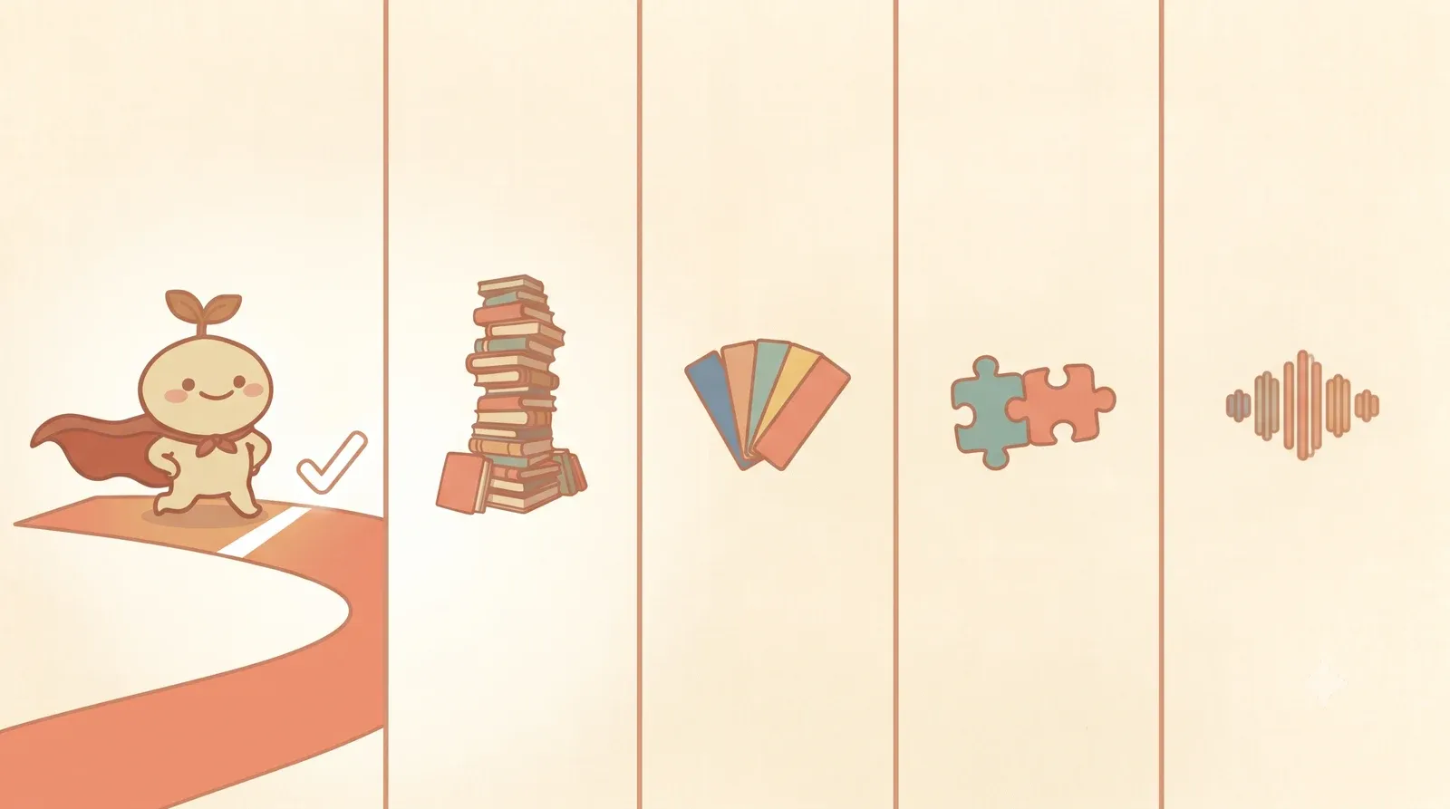 Five panels showing the Nuglet mascot, a stack of books, fanned saved clippings, interlocking puzzle pieces, and a soundwave, representing Nuglet, book summary apps, Deepstash, Brilliant, and BeFreed