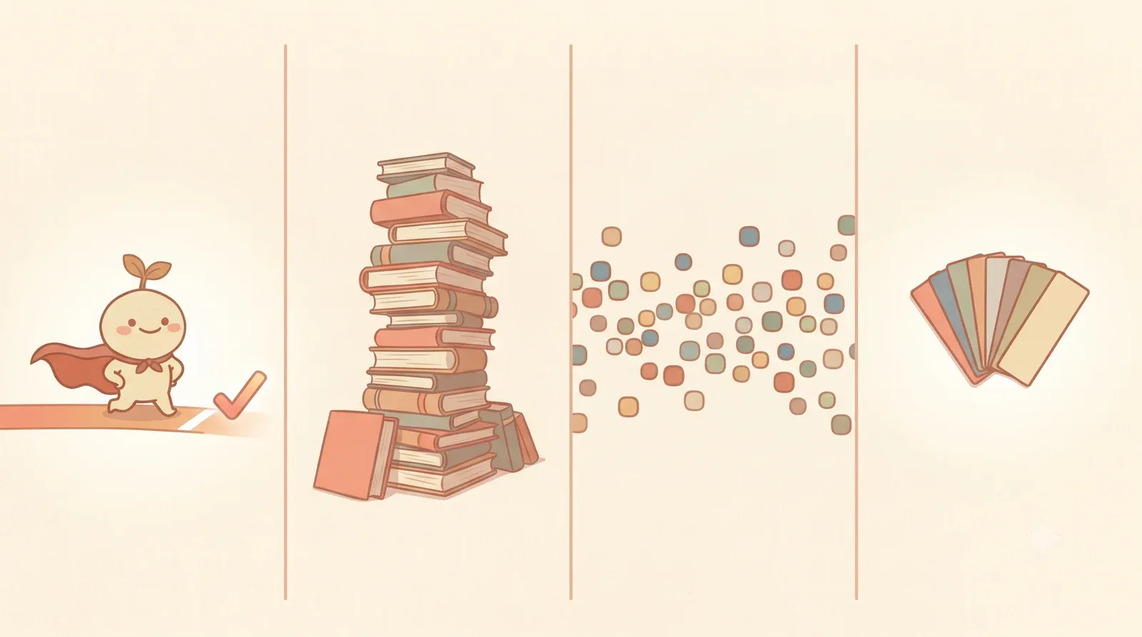 Four panels showing the Nuglet mascot, a stack of books, a scatter of topic bubbles, and a fan of saved clippings, representing Nuglet, Headway, Nibble, and Deepstash