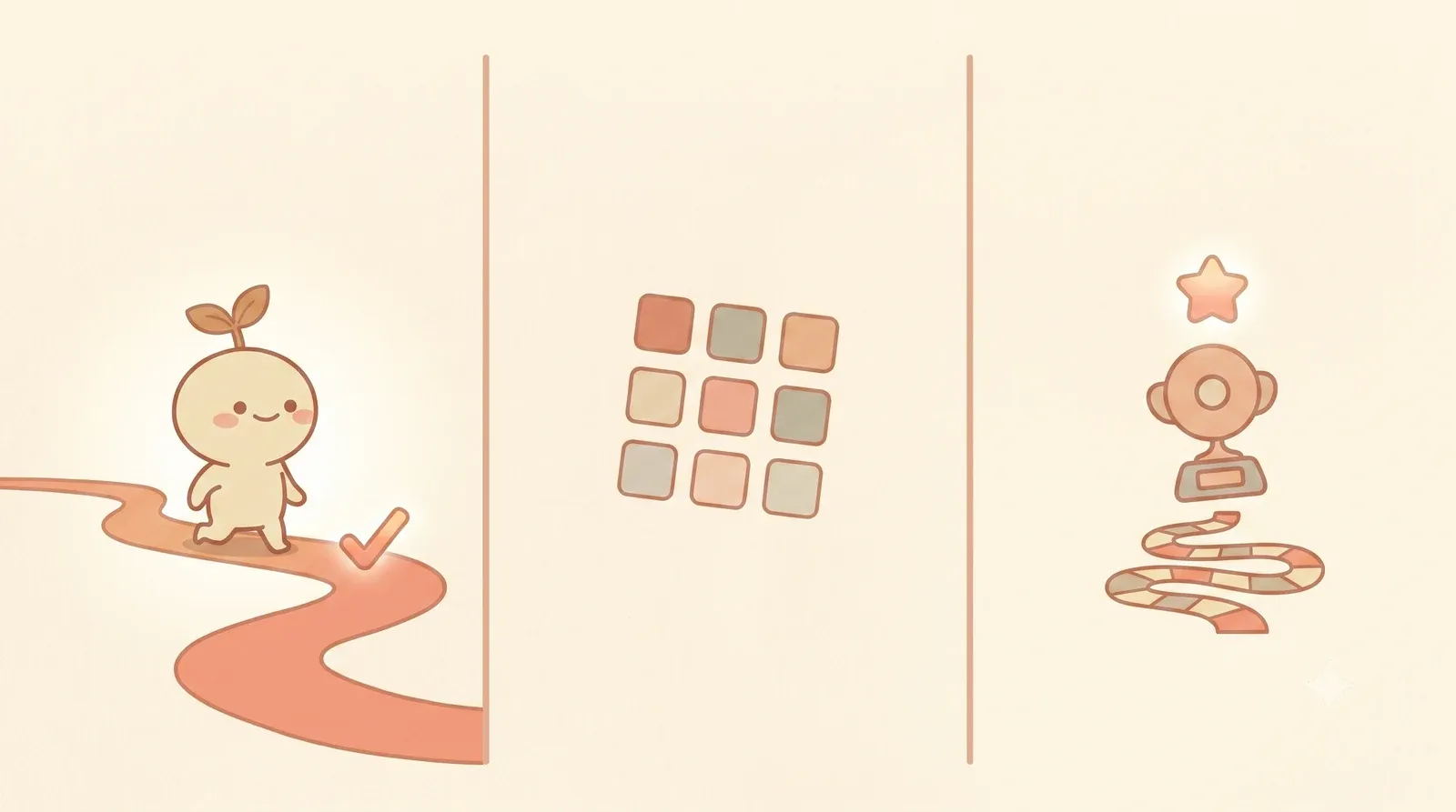 Three panels showing the Nuglet mascot with a built-in checkmark, a calendar-style tracking grid, and a game trophy badge