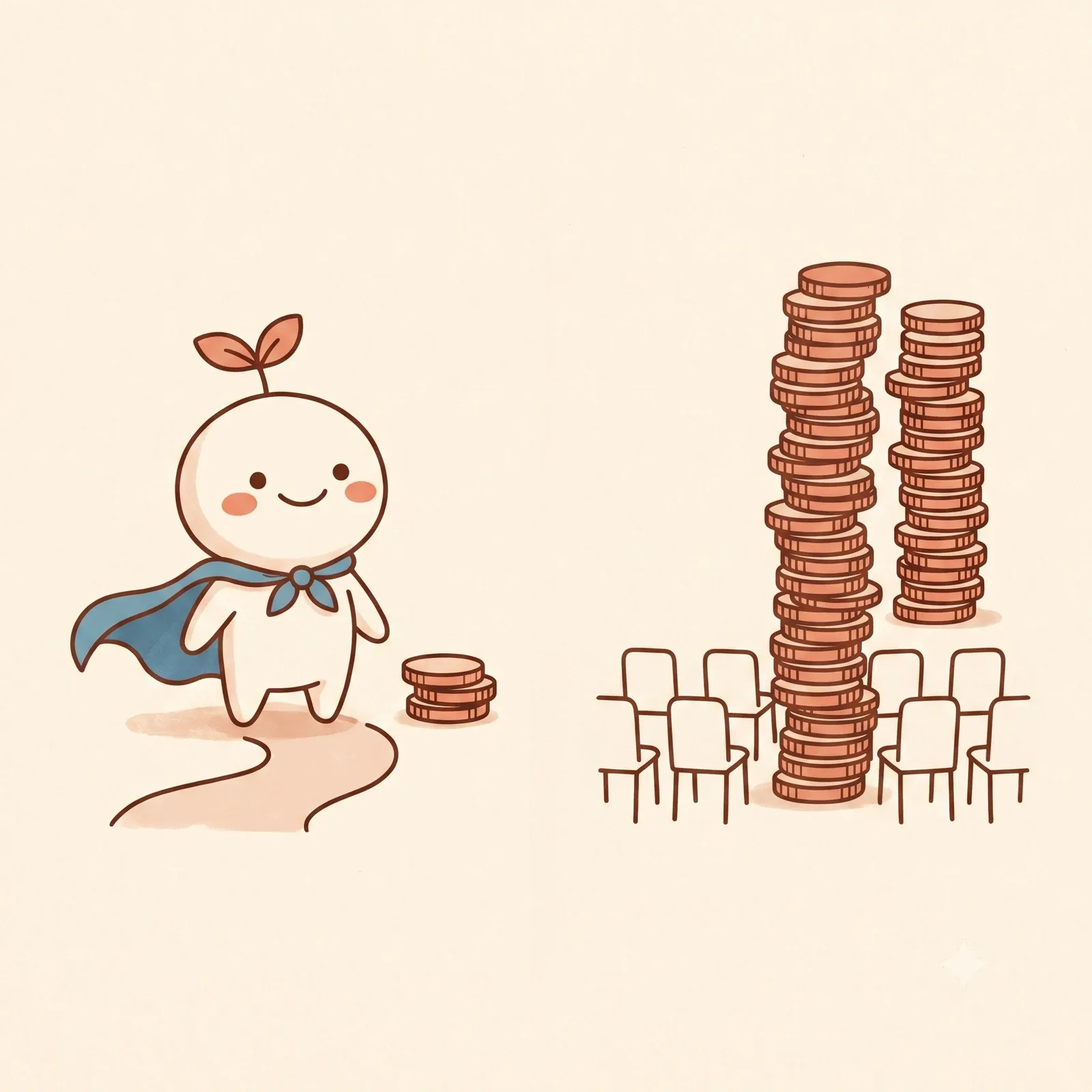 The Nuglet mascot with a small stack of coins beside two tall precarious stacks of coins, representing the cost gap between microlearning and traditional instructor-led training