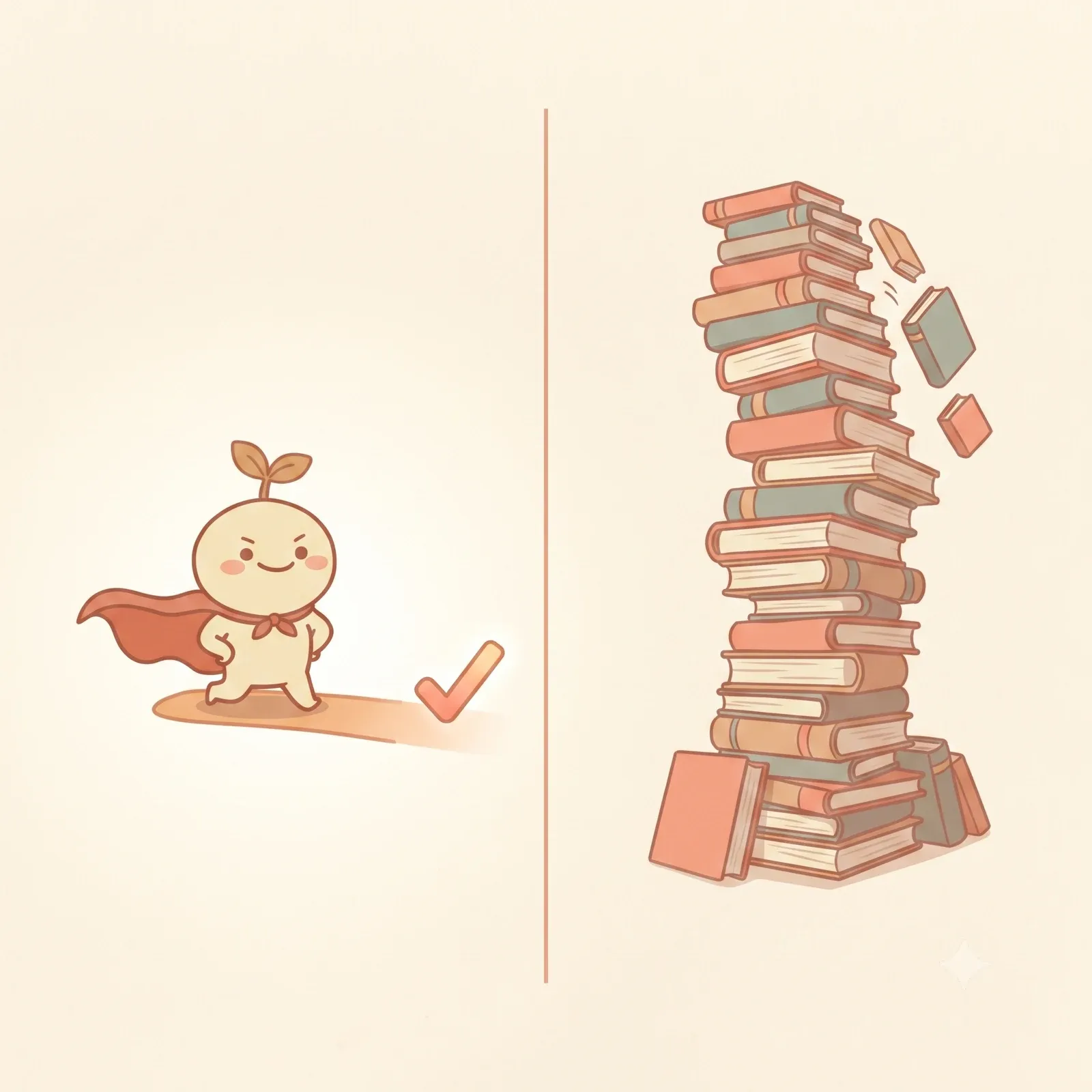 Two panels showing the Nuglet mascot finishing a short confident path beside a tall leaning stack of books representing Headway's library