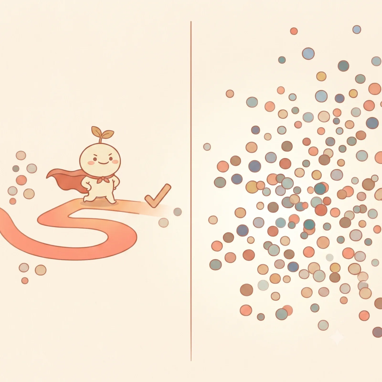 Two panels showing the Nuglet mascot finishing a short confident path beside a wide scatter of topic bubbles representing Nibble's browsable library